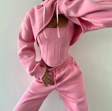 Load image into Gallery viewer, Solid Hooded Coats+Tank Tops+Pants Two Piece Set
