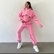Load image into Gallery viewer, Solid Hooded Coats+Tank Tops+Pants Two Piece Set
