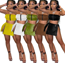 Load image into Gallery viewer, Solid Color PU Leather Zip Two Piece Skirt Set
