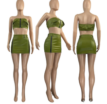 Load image into Gallery viewer, Solid Color PU Leather Zip Two Piece Skirt Set
