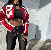 Load image into Gallery viewer, Contrast Color Embroidery Splicing Faux Leather Jacket
