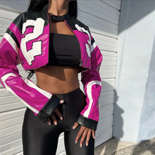 Load image into Gallery viewer, Contrast Color Embroidery Splicing Faux Leather Jacket
