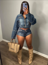 Load image into Gallery viewer, Fashion Long Sleeve Coat And Shorts Denim Two Piece Set
