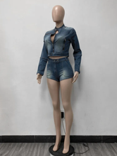 Load image into Gallery viewer, Fashion Long Sleeve Coat And Shorts Denim Two Piece Set
