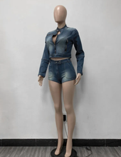 Load image into Gallery viewer, Fashion Long Sleeve Coat And Shorts Denim Two Piece Set
