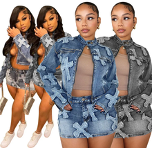 Load image into Gallery viewer, Denim Embroider Jackets And Skirt Two Piece Se

