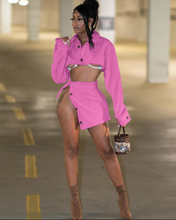 Load image into Gallery viewer, Long Sleeve Lapel Crop Tops And Split Skirts Two Piece Set
