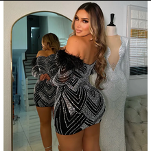 Load image into Gallery viewer, Mesh Long Sleeve Hot Drill Mini Dress

