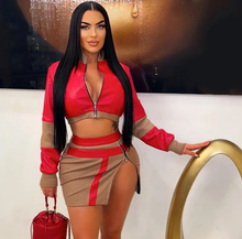 Load image into Gallery viewer, Fashion Contrast Color Patchwork Crop Tops Skirts Suit

