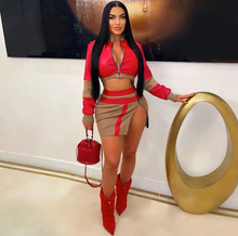 Load image into Gallery viewer, Fashion Contrast Color Patchwork Crop Tops Skirts Suit
