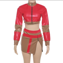 Load image into Gallery viewer, Fashion Contrast Color Patchwork Crop Tops Skirts Suit
