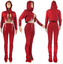 Load image into Gallery viewer, Solid Bandage Hooded Pleated Pants Two Piece Set

