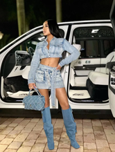 Load image into Gallery viewer, Sexy Washed Denim Lace-Up 3D Pocket Skirt Set
