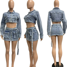 Load image into Gallery viewer, Sexy Washed Denim Lace-Up 3D Pocket Skirt Set
