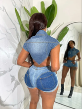 Load image into Gallery viewer, Sleeveless Irregular Crop Top Denim Two Piece Shorts Set
