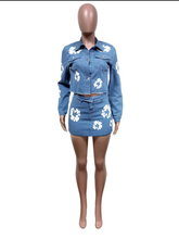 Load image into Gallery viewer, Fashion Print Long Sleeve Denim Two PIece Skirt Set
