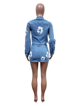 Load image into Gallery viewer, Fashion Print Long Sleeve Denim Two PIece Skirt Set
