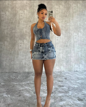 Load image into Gallery viewer, Sexy Denim Halter Tops Washed Two Piece Skirts Set
