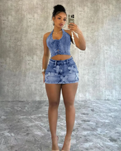 Load image into Gallery viewer, Sexy Denim Halter Tops Washed Two Piece Skirts Set
