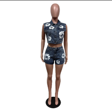 Load image into Gallery viewer, Fashion Print Denim Sleeveless Two Piece Shorts Set
