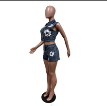 Load image into Gallery viewer, Fashion Print Denim Sleeveless Two Piece Shorts Set
