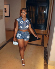 Load image into Gallery viewer, Fashion Print Denim Sleeveless Two Piece Shorts Set
