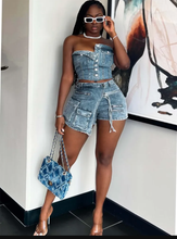 Load image into Gallery viewer, Single Breasted Wrap Top Denim Shorts Set
