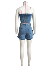 Load image into Gallery viewer, Single Breasted Wrap Top Denim Shorts Set
