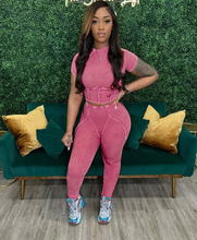 Load image into Gallery viewer, Solid Ribber Short Sleeve Two Piece Pants Set
