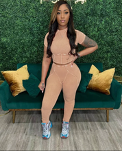 Load image into Gallery viewer, Solid Ribber Short Sleeve Two Piece Pants Set
