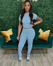 Load image into Gallery viewer, Solid Ribber Short Sleeve Two Piece Pants Set
