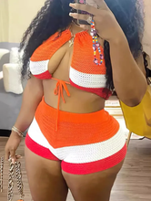 Load image into Gallery viewer, Print Halter Tie Up Color Block Two Piece Short Set
