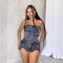 Load image into Gallery viewer, Fashion Denim Wrap Chest Two Piece Shorts Set
