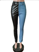 Load image into Gallery viewer, Fashion Denim PU Leather Splice Pants
