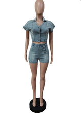 Load image into Gallery viewer, Short Sleeve Hollow Out Denim Romper
