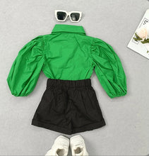 Load image into Gallery viewer, Kids Girls Lantern Sleeve Shirt And Short Two Piece Set
