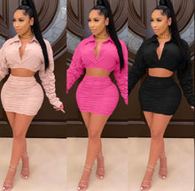 Load image into Gallery viewer, Plus Size Ruched Long Sleeve Mini Skirt Sets
