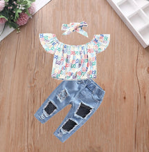 Load image into Gallery viewer, Kids Girl Printed Top+Hole Jeans+Heanband 3 Piece Sets
