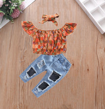 Load image into Gallery viewer, Kids Girl Printed Top+Hole Jeans+Heanband 3 Piece Sets
