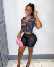 Load image into Gallery viewer, Letter Print Sexy See-through Short Sleeve Shorts 2 Piece Set
