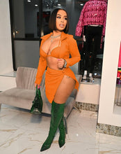 Load image into Gallery viewer, Solid Long Sleeve Coat+Bra Top+Split Mini Skirt 3 Piece Sets
