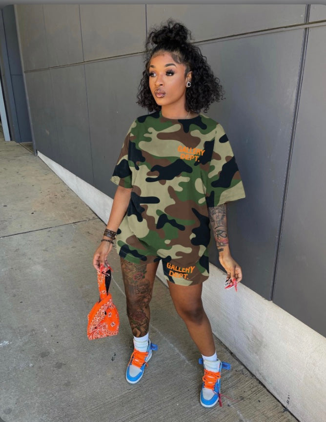 Camo Print Short Sleeve Casual Two Piece Set
