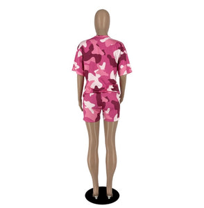 Camo Print Short Sleeve Casual Two Piece Set