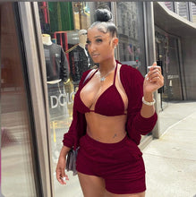 Load image into Gallery viewer, Velvet Hooded Zipper Coat+Bra Top+Shorts 3 Piece Sets
