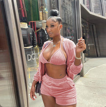 Load image into Gallery viewer, Velvet Hooded Zipper Coat+Bra Top+Shorts 3 Piece Sets
