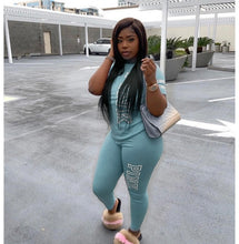 Load image into Gallery viewer, Plus Size Pink Letter Print Short Sleeve 2 Piece Pants Set
