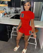 Load image into Gallery viewer, Summer Fashion Letter Print Solid Short Sleeve Shorts 2 Piece Set
