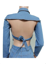Load image into Gallery viewer, Denim Backless Long Sleeve Top+Lace-Up Shorts 2 Piece Sets
