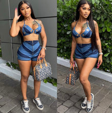 Load image into Gallery viewer, Fashion Casual Print Halter Top Shorts Two Piece SetGray

