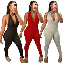 Load image into Gallery viewer, Sexy Solid Deep V Halter Backless Ruched Jumpsuit
